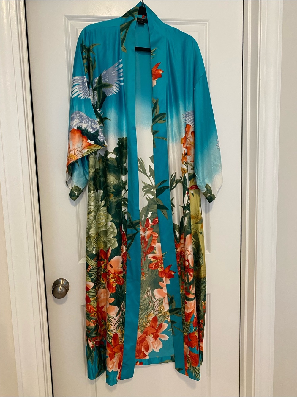 Natori Turquoise Floral Kimono Robe with Coral & Green Accents